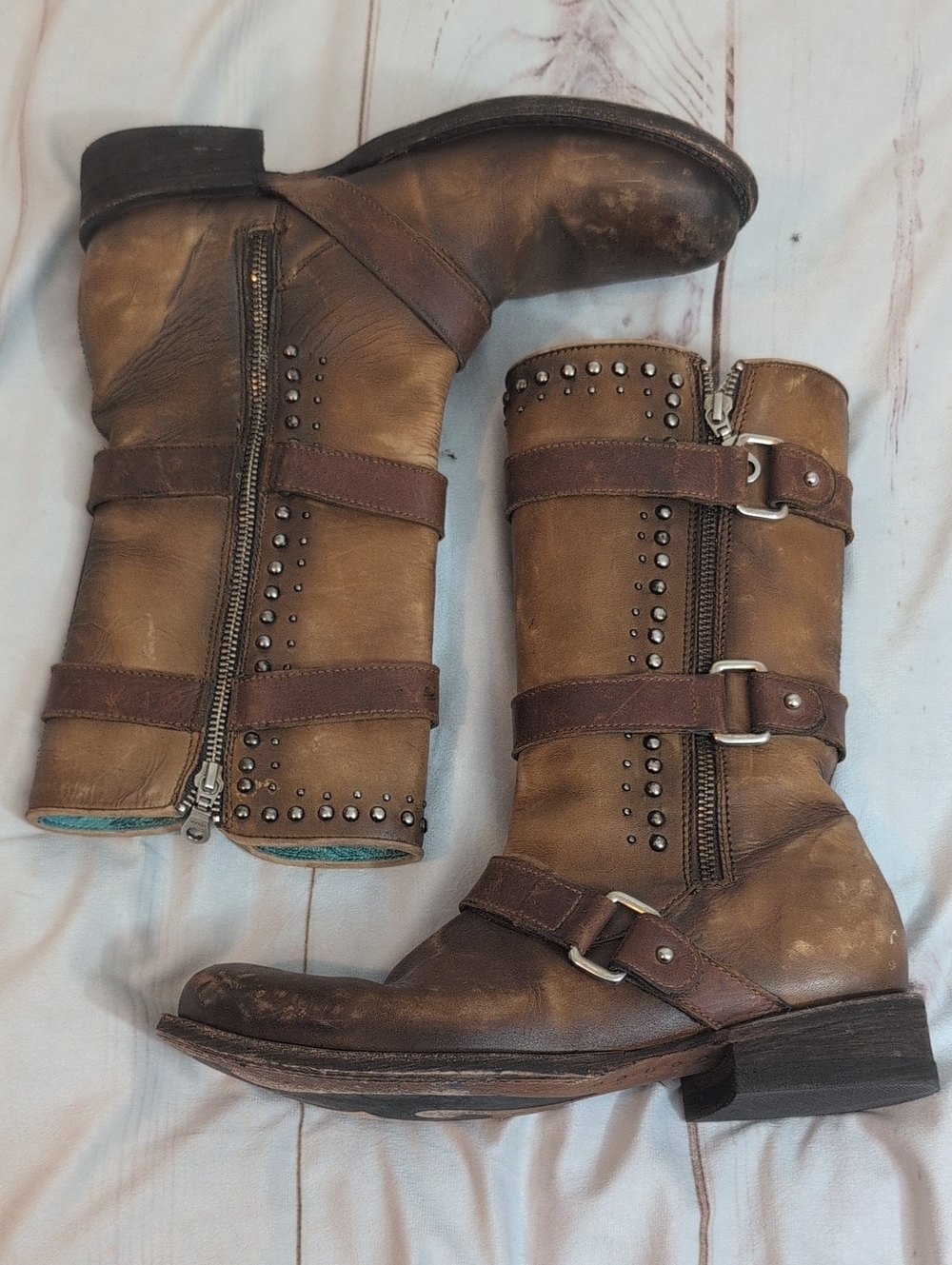 Corral Women's Leather Engineer Harness Boots Brown Studded Distressed Moto Bike